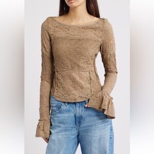 Free People NWT Bell Sleeve Stretch Cotton Blend Lace Top
